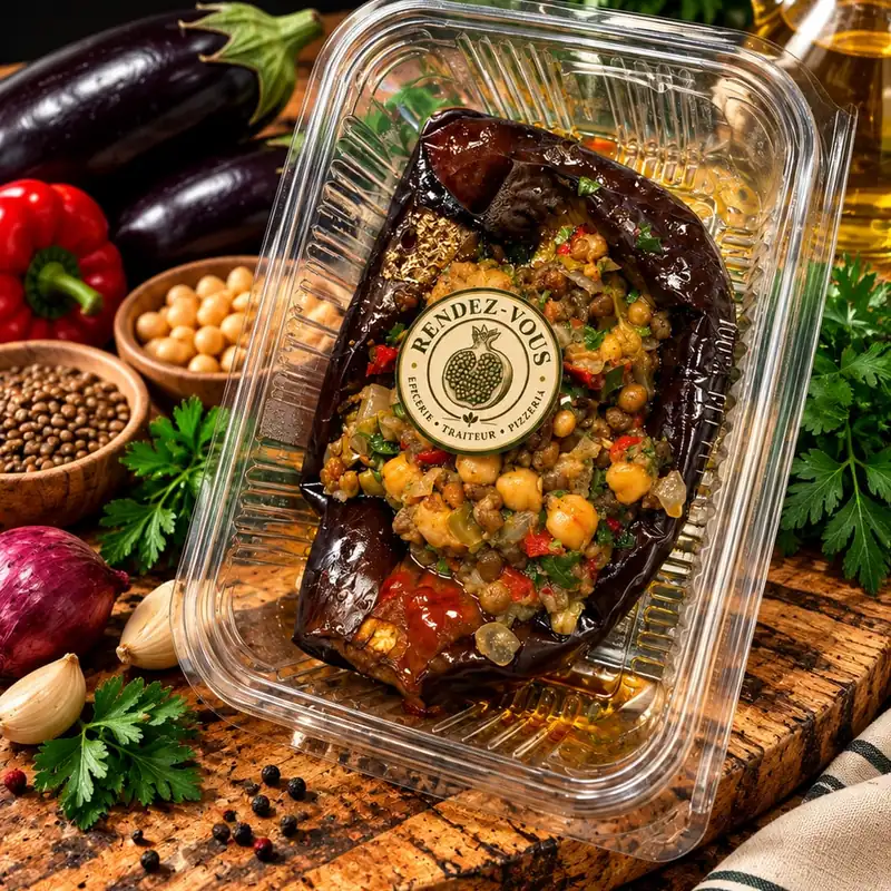 Aubergine farcie aux légumes, aubergine farcie de légumes variés, façon mezzé