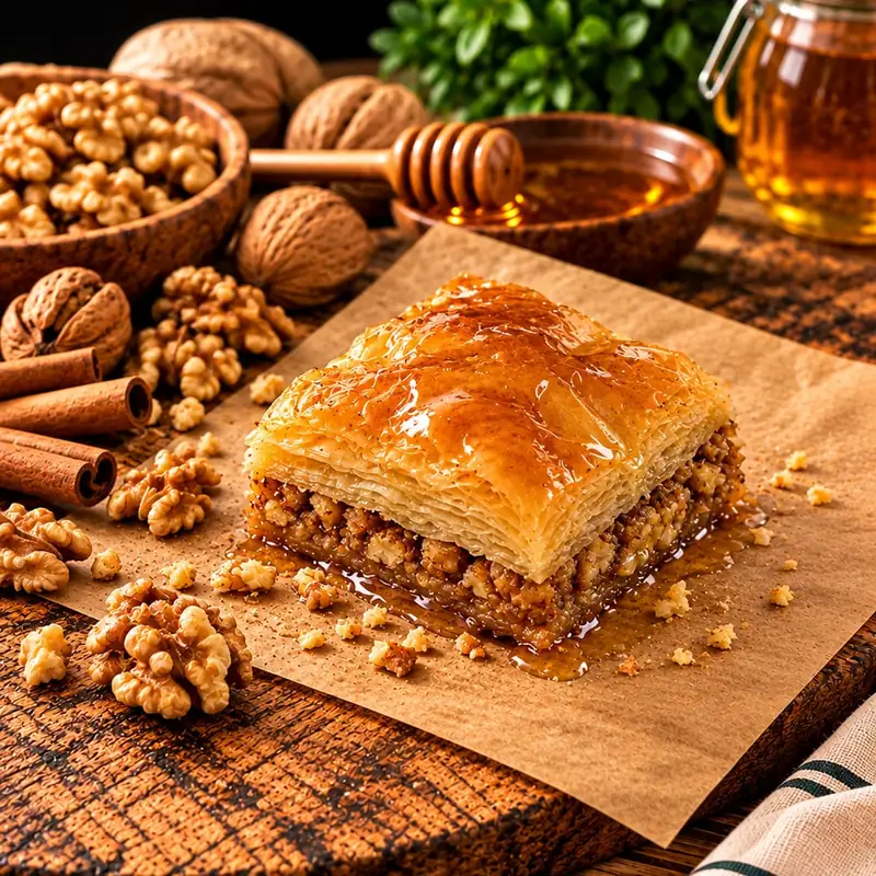 Baklava, noix, pâte à filo et miel