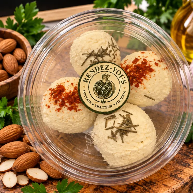 Boules de fromage aux noix, feta de vache, brousse, noix, aneth, poivron rouge