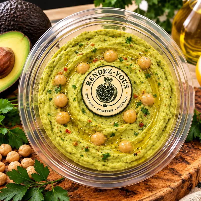 Houmous avocat, houmous à l'avocat, pois chiches et tahini, texture crémeuse