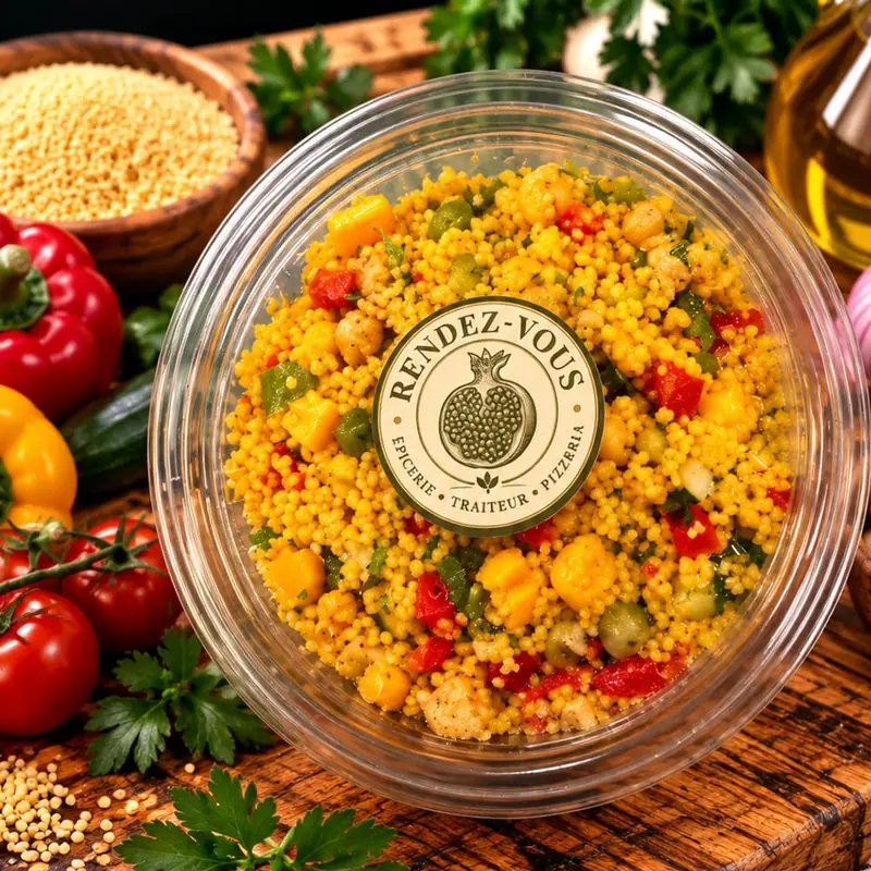 Salade de couscous, couscous perlé, concombre, tomates et persil
