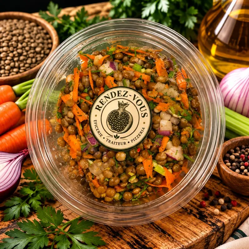 Salade de lentilles, lentilles, tomates en dés, persil