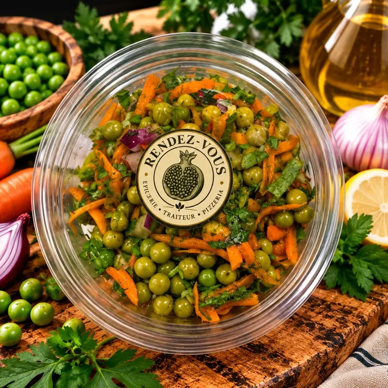 Salade de pois verts, pois verts, carottes, oignon rouge, aneth, huile d'olive