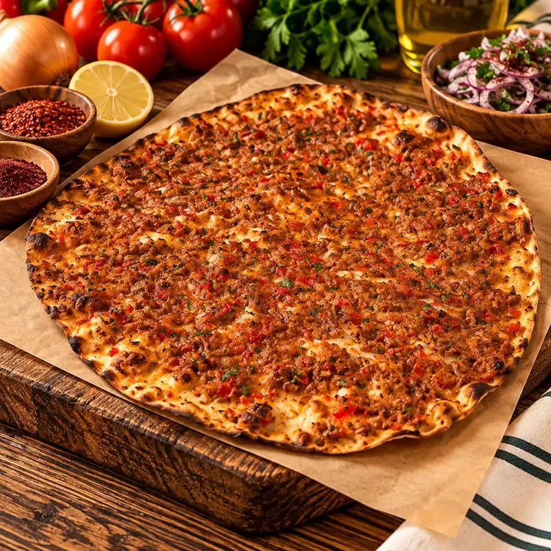 Pizza arménienne « lahmacun », pâte à pain, viande de bœuf, ail, épices et poivrons rouges